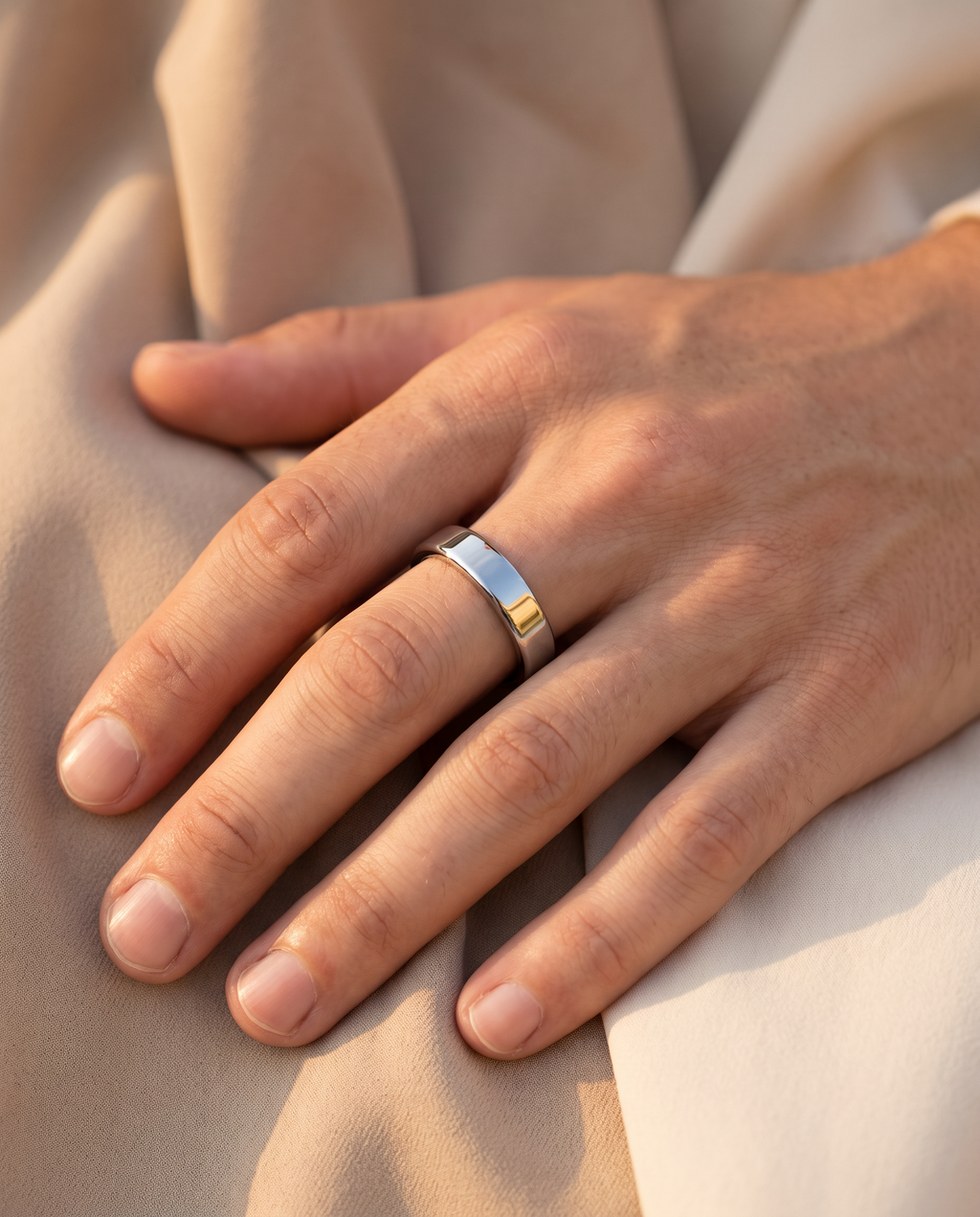 Mudrika Ring in silver, worn by a male hand model